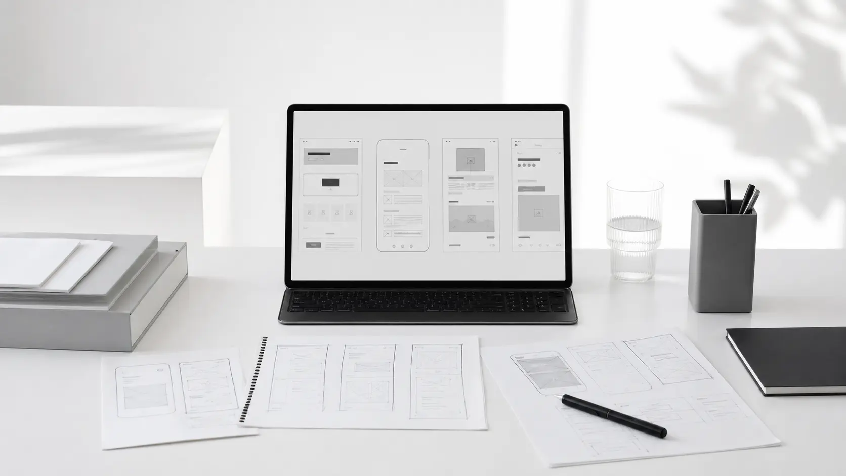 Minimal prototype workspace with wireframes, sketches, and a laptop