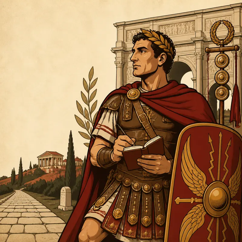 Roman-themed Valor illustration with a laurel-crowned figure, book, and shield